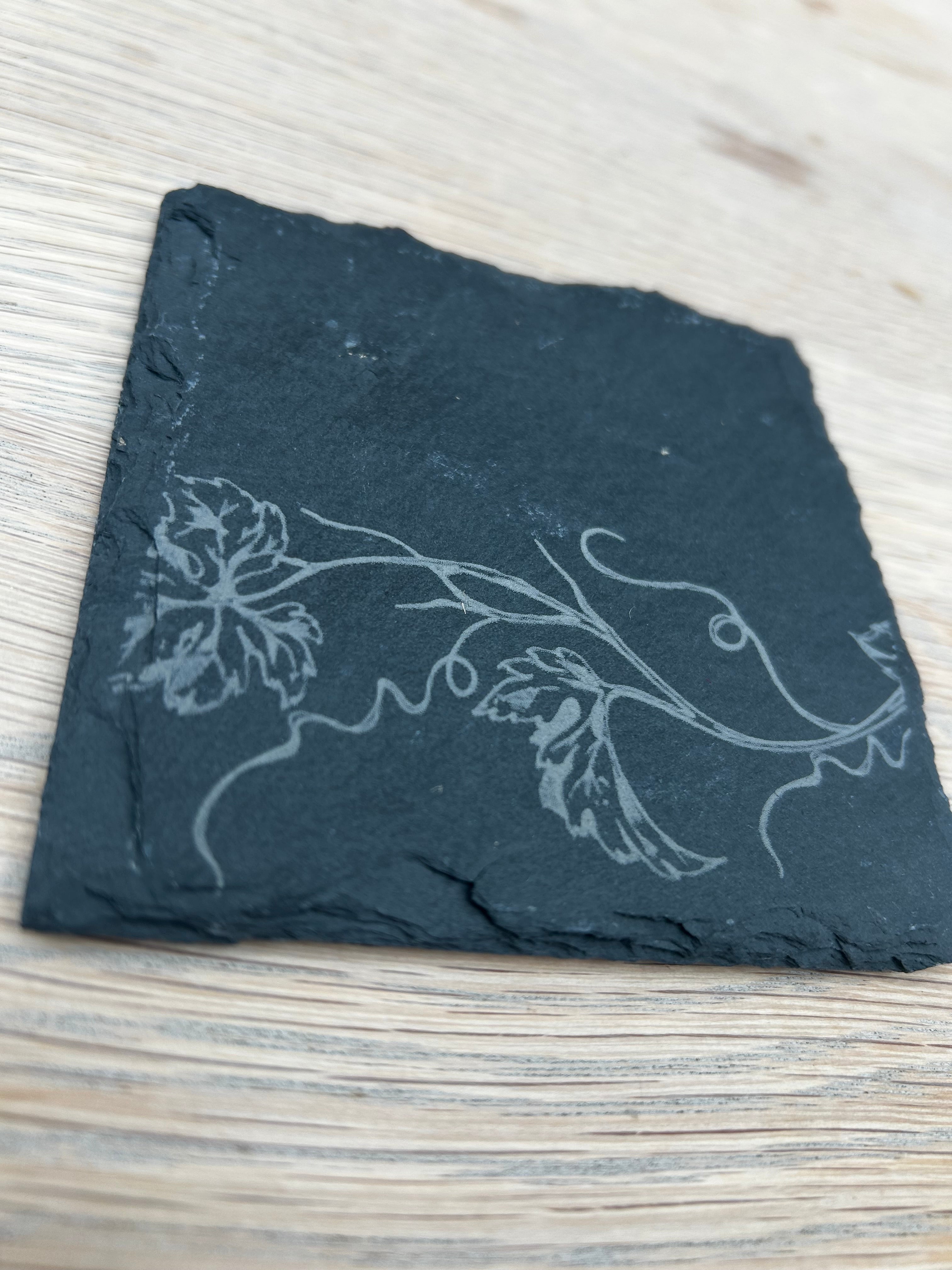 Engraved Vine Slate Coasters - Set of 4